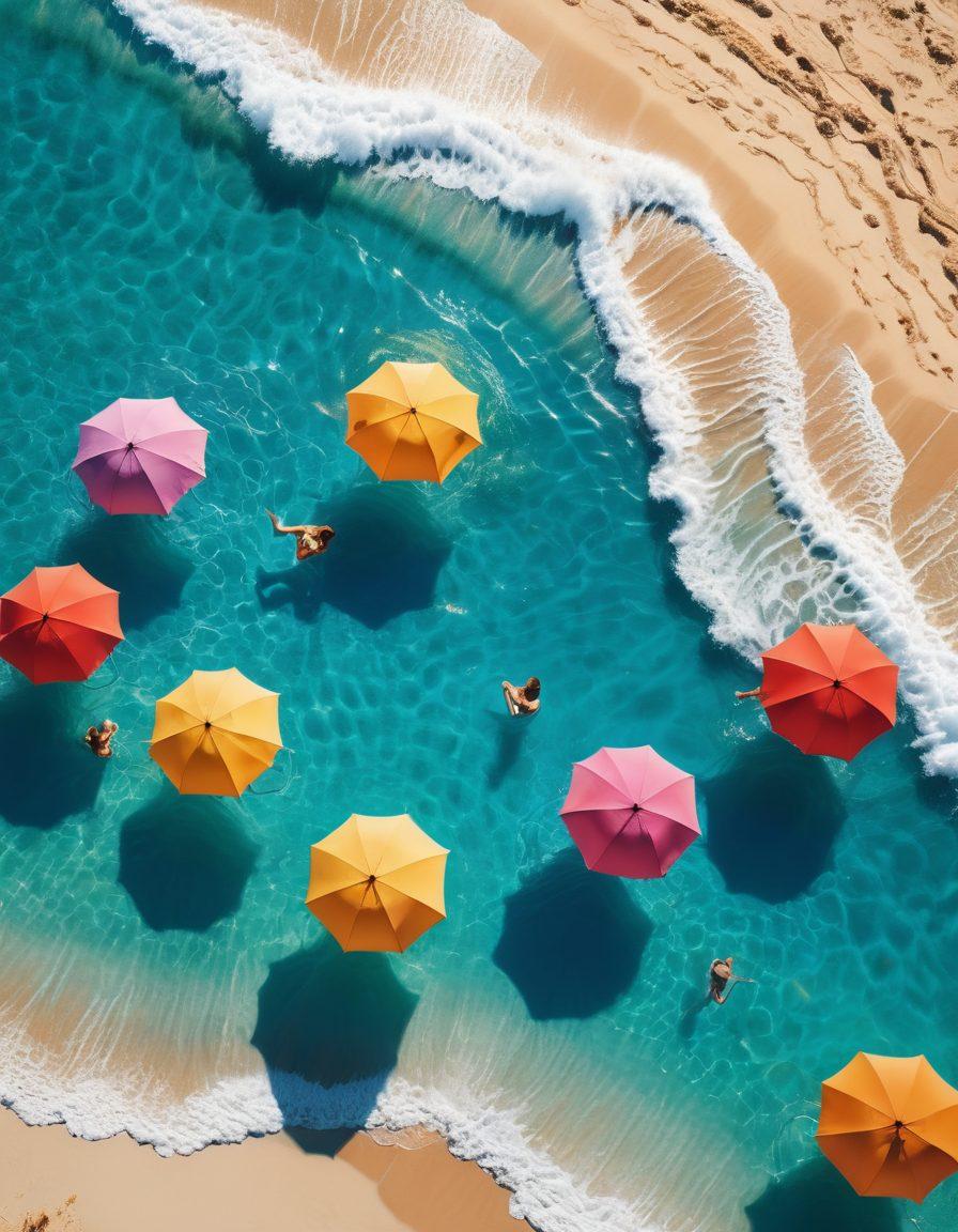 A vibrant beach scene with diverse individuals joyfully splashing in the ocean, showcasing bright and stylish swimwear. In the foreground, a sunlit space with beach towels and colorful umbrellas symbolizes relaxation and emotional wellness. Soft waves gently lap the shore, reflecting a sense of serenity and rejuvenation. The sky is a brilliant blue, infused with warm sunlight, conveying a summer vibe. 3D illustration. vibrant colors.