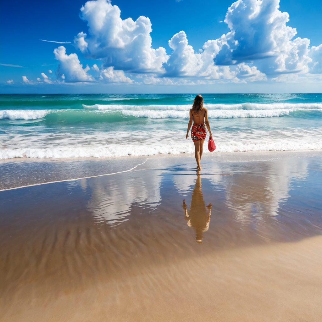 A serene beach scene featuring a person walking along the shore wearing vibrant, stylish beachwear, with soft waves lapping at their feet. The person appears contemplative yet content, symbolizing a journey from sadness to wellness. The background includes a bright blue sky with fluffy clouds, seashells on the sand, and gentle ocean waves reflecting sunlight. The overall mood is uplifting and peaceful. super-realistic. vibrant colors. 3D.