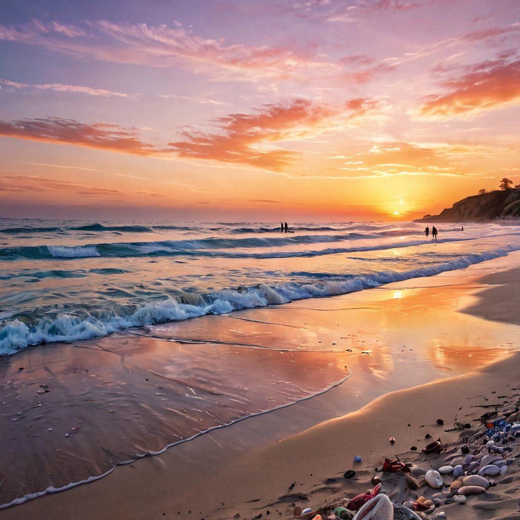 A serene beach scene at sunrise, with gentle waves lapping at the shore. In the foreground, a diverse group of individuals in colorful swimwear, enjoying the water and connecting with nature, symbolizing emotional healing. Include elements like dolphins playing and seashells scattered in the sand to evoke a sense of tranquility. The sky features soft pastel colors for a calming effect. dreamy landscape. vibrant colors. super-realistic.